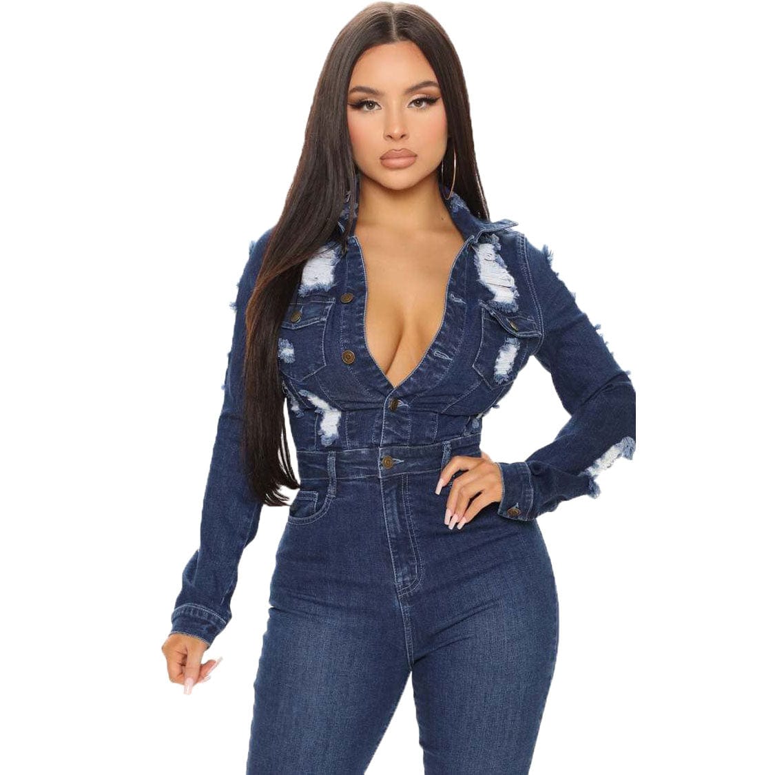 2 XL / Blue Trendy Women Clothes Fashion Casual Turndown Neck Long Sleeve Denim Ripped Jumpsuit