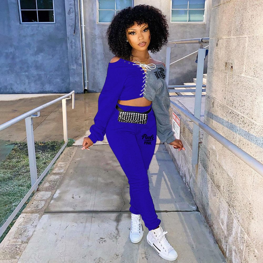 2 XL / Blue Trendy Women Clothes Sports Suit Ribbed Strappy Sweatshirt With Jogger Pants Brand Pink Printed Women 2 Piece Set