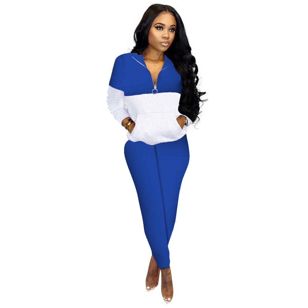 2 XL / Blue Trendy Women Clothes Two Piece Outfits Zip Up Tops Pocket Body con Long Pants Color Block Pant Set