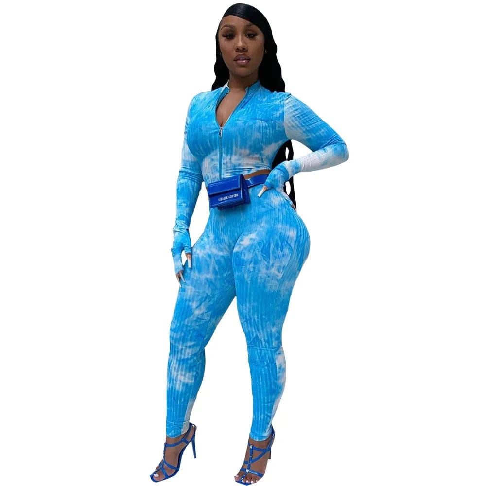2 XL / Blue Two Piece Womens Suits Tie Dye Tracksuit Womens Jogging Set 2 Piece Tie dye Printing Pants Women Clothing Two Piece Set