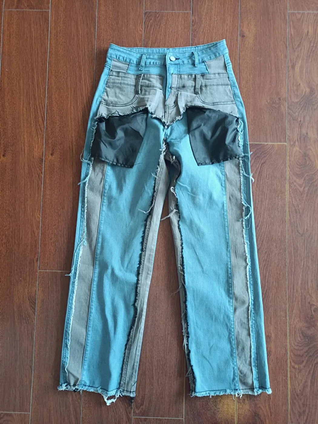 2 XL / Blue Vintage Two-Tone Patchwork Denim Jeans