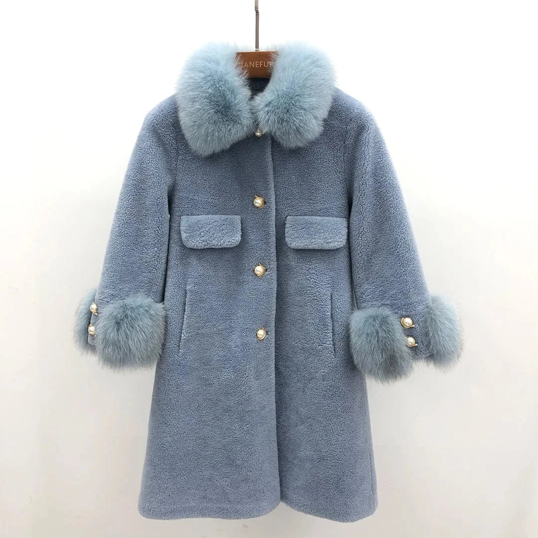 2 XL / Blue Winter warm genuine fox fur collar and cuff women real sheep shearling coat