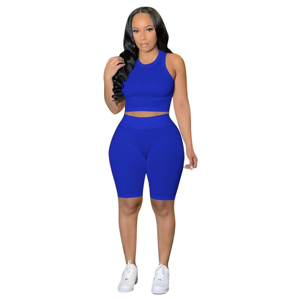 2 XL / Blue women's 2 sets clothing spring summer ladies solid color casual pit strip sports biker shorts tank top women slim two piece set