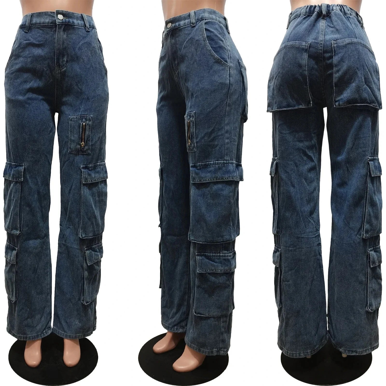 2 XL / Blue Women's High Waist Multi Pocket Cargo Denim Jeans