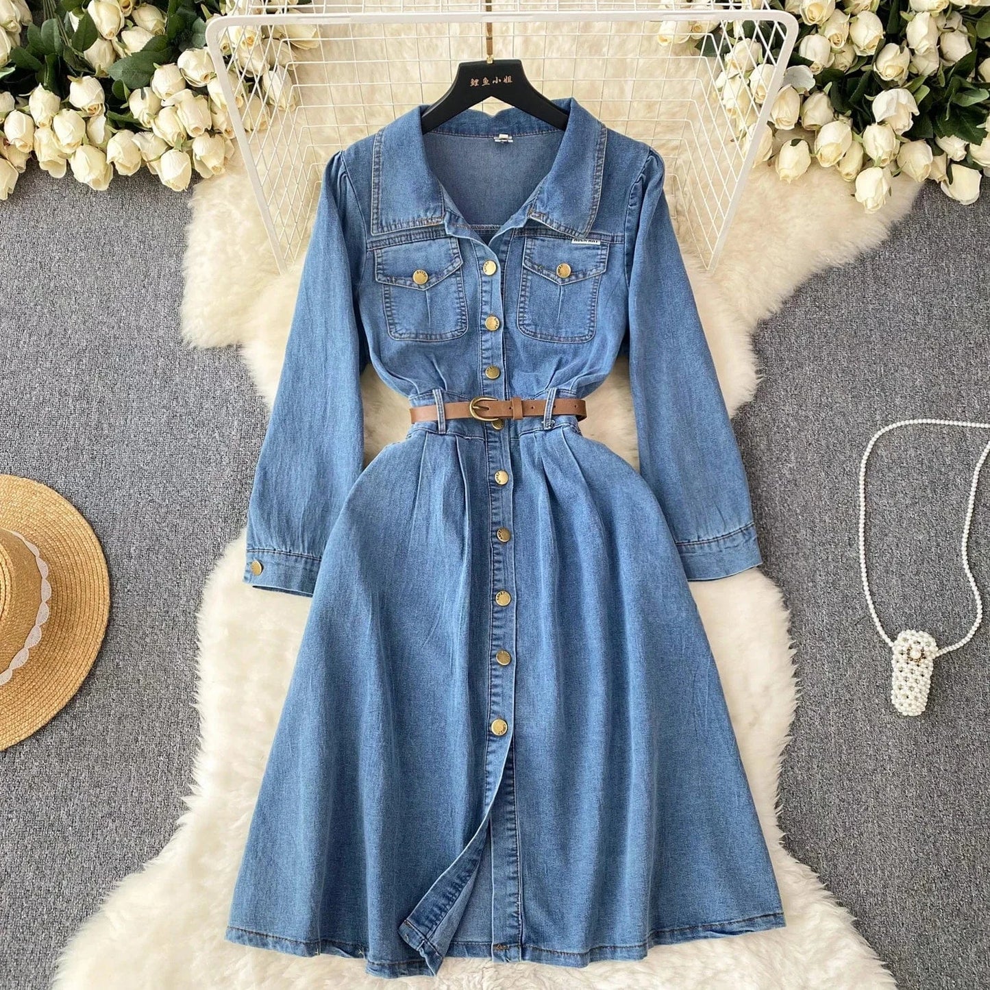 2 XL / Blue Women'S New Senior Sense Waisted Single-Breasted Long Vintage Washed Denim Dresses