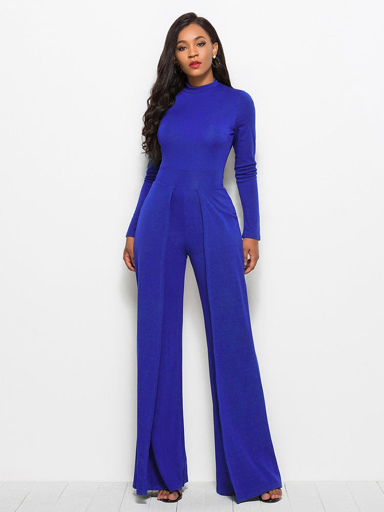 2 XL / Blue women's office clothes O neck long sleeve urban casual ladies romsuit wide leg pants are irregular one piece women jumpsuits