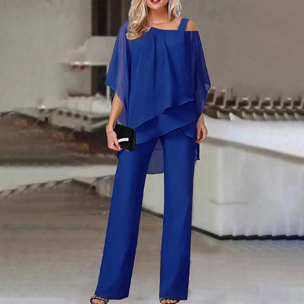 2 XL / Blue Women's suit New European and American Fashion Solid color Loose casual Bat sleeve Irregular Two-piece set