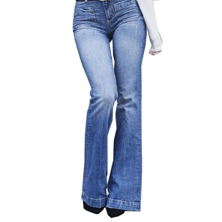 2 XL / Blue Women Slim Flare Long Jeans Mid Waist Pocket Female Fashion Casual Denim Pants