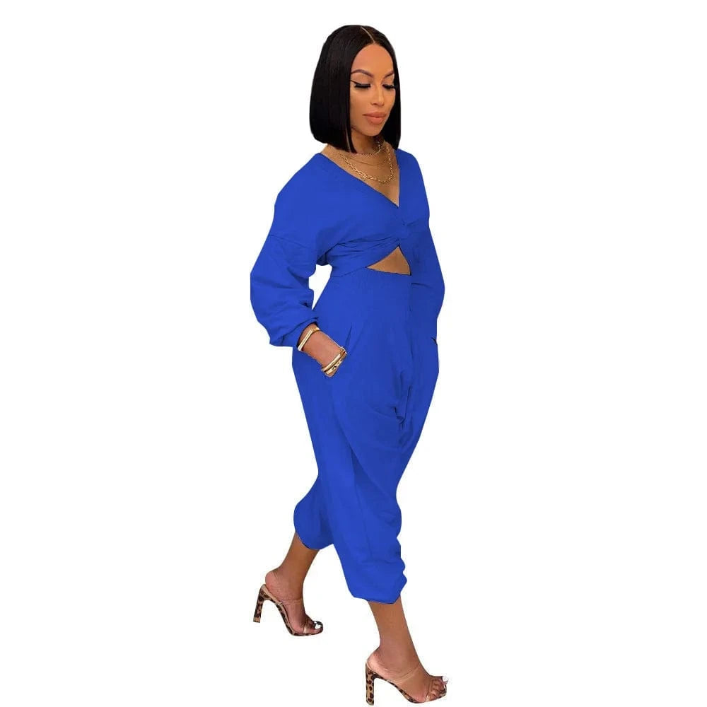 2 XL / Blue Women Winter Wear Wrap Crop Top Solid Two Piece Pants Set Fall 2pc Pants Set Plain Sweatshirt Suit Jogger Sweatsuit