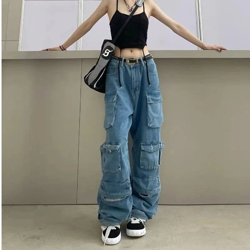 2 XL / Blue Y2K Style Black Denim 6 Pocket Cargo Jean pants Casual Streetwear Wild Leg Pants Outfit For Women
