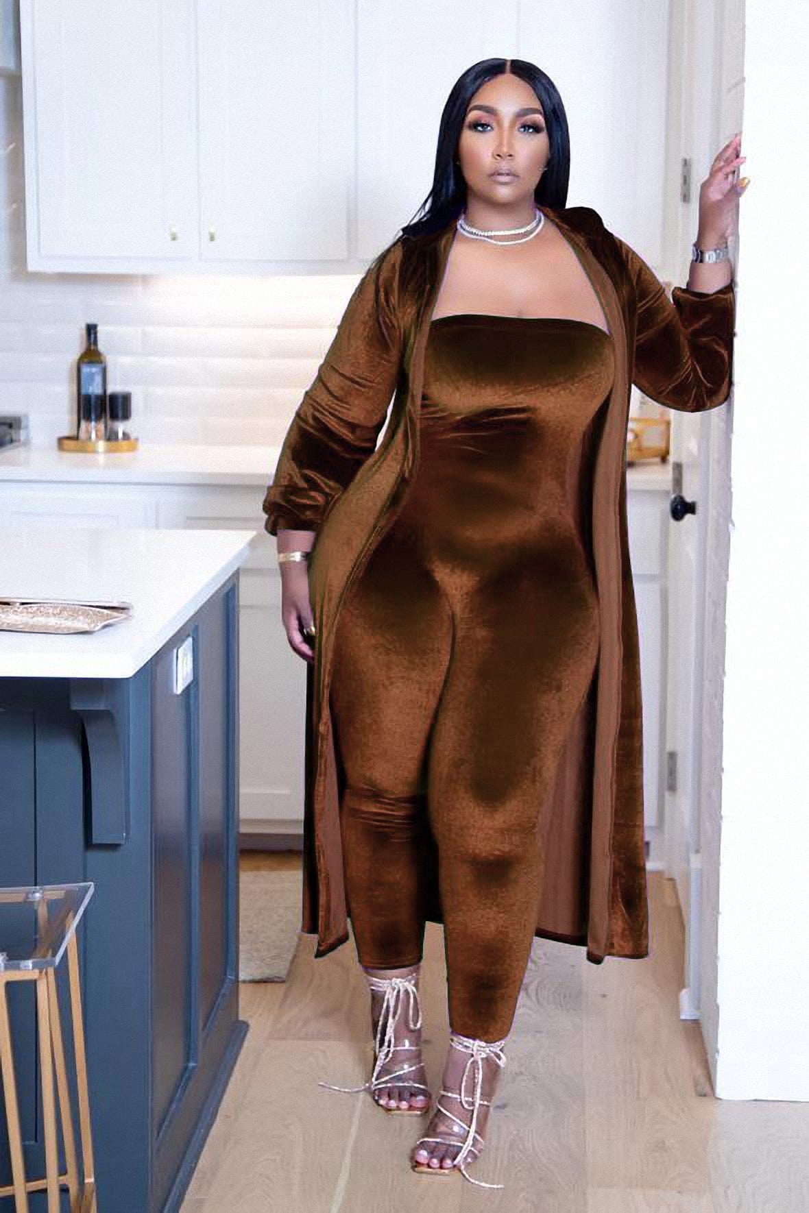 2 XL / Brown 2022 New African Off Shoulder Elastic Jumpsuit Kaftan Cardigan Women Velvet 2 Pieces Set