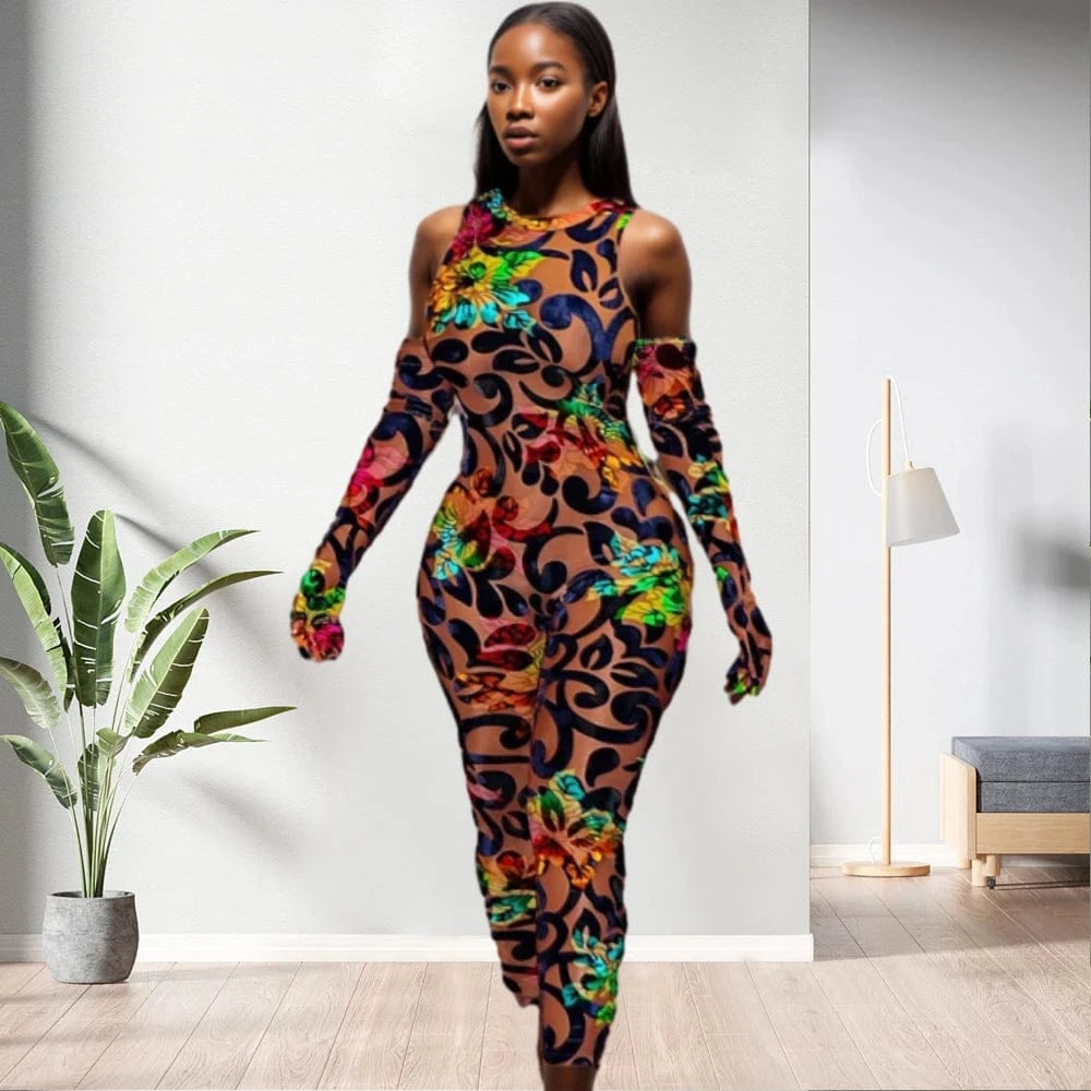 2 XL / Brown D0322TA09 Wholesale High Quality Colorful Graphic Halter Raglan Sleeve Bodycon Jumpsuit Women Sehe Fashion