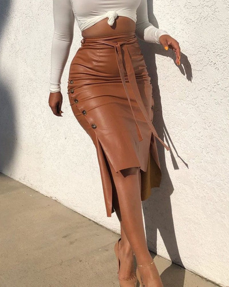 2 XL / Brown High Waist Faux Leather Skirt for Ladies Office Women Button Fit Pu Leather Skirts Bodycon Midi Split Pencil Skirt
