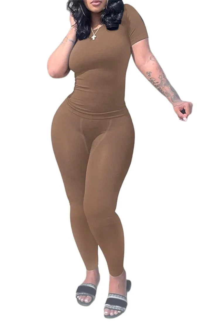 2 XL / Brown Hot sale Poly stretchy rib fabric crew neck short sleeve t shirt elastic waistband legging two piece pant set women