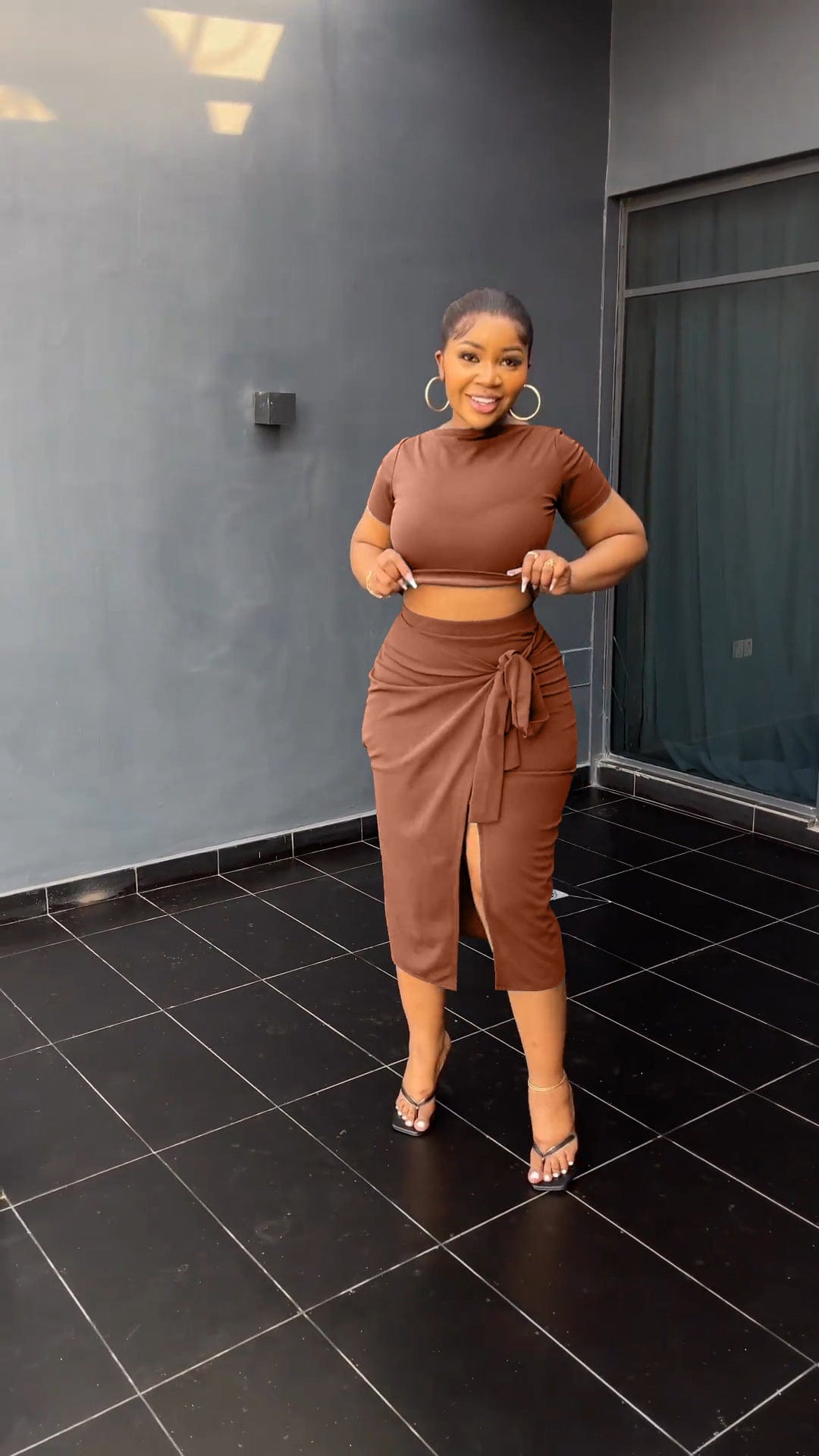 2 XL / Brown New Arrival Summer Ladies Two Piece Sets Solid Color Dress Set Casual Skirt Women Clothing Bandage Two Piece Skirt Set