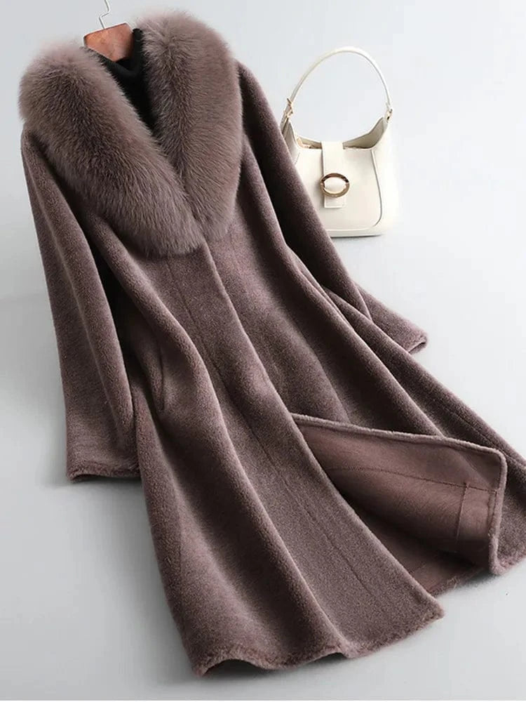2 XL / Brown PUDI Winter Woman Real Fox Fur Wool Coat Jacket Female Long Sheep Shearing Over Size Black Trench Parka CT197