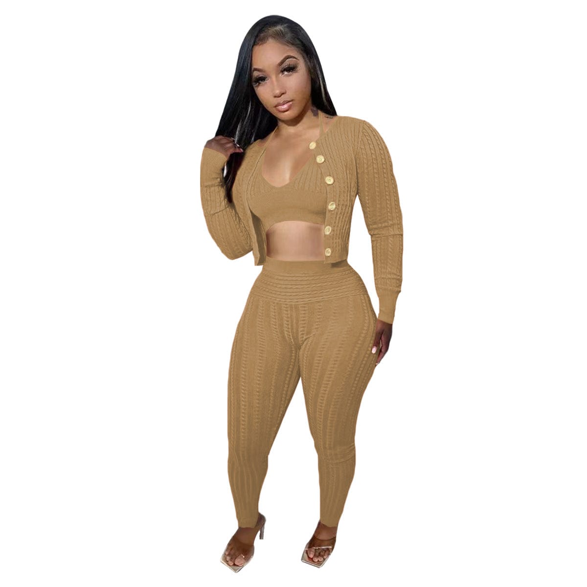 2 XL / Brown Trendy Women Clothes Halter Vest Long Pants Long Sleeve Cardigan Coat Casual Slim Fit 3 Pieces Sets Women Suits
