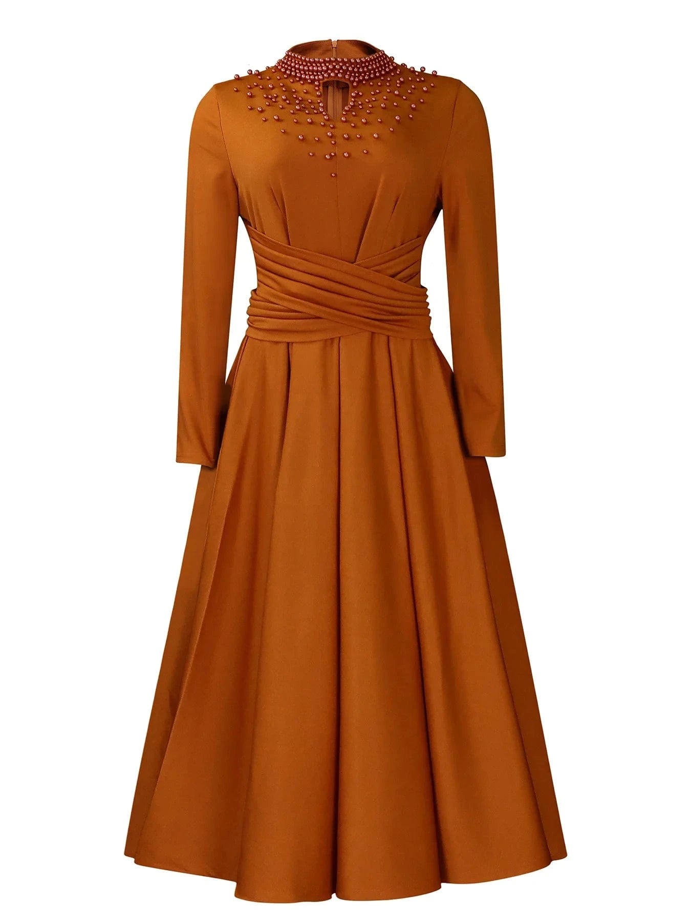 2 XL / Brown Women High Neck Elegant Beaded Gown With A Full Swing Waist Office Ladies Dress For Business Dress