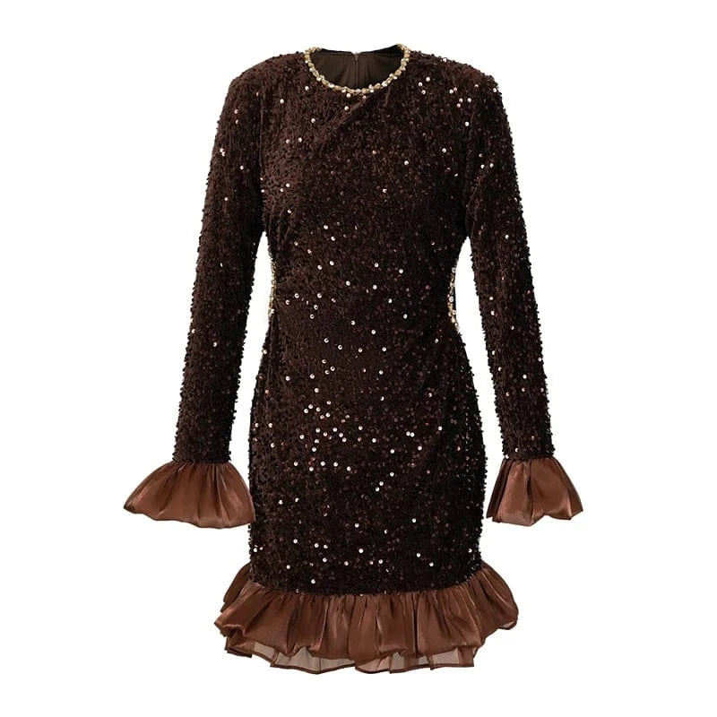 2 XL / Brown ZYHT 50712 Women Dresses Wholesale Sequin Sparkly  Party Long Sleeve Lady Elegant Women's Sexy Valentines Dresses