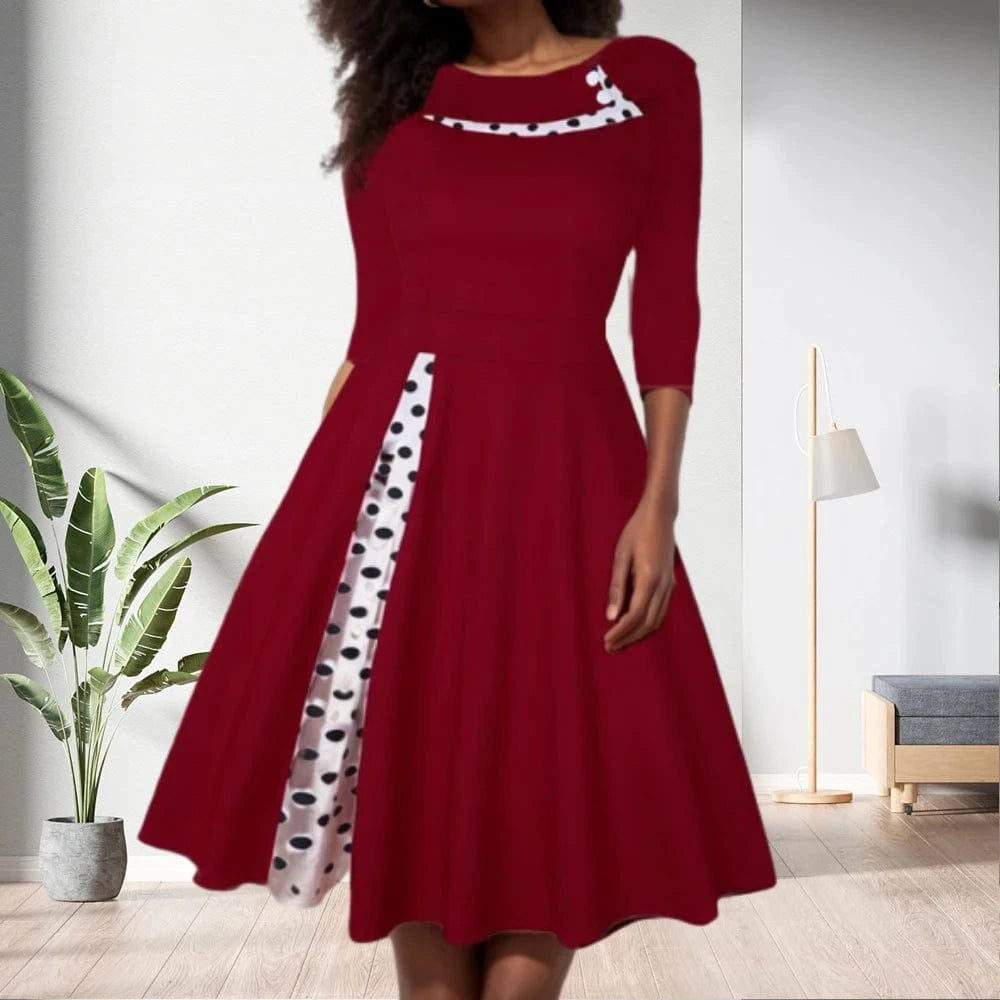 2 XL / Burgundy 80322-MX23 Vintage Dot Print O Neck Flare Large Hemline Women Dresses Sehe Fashion