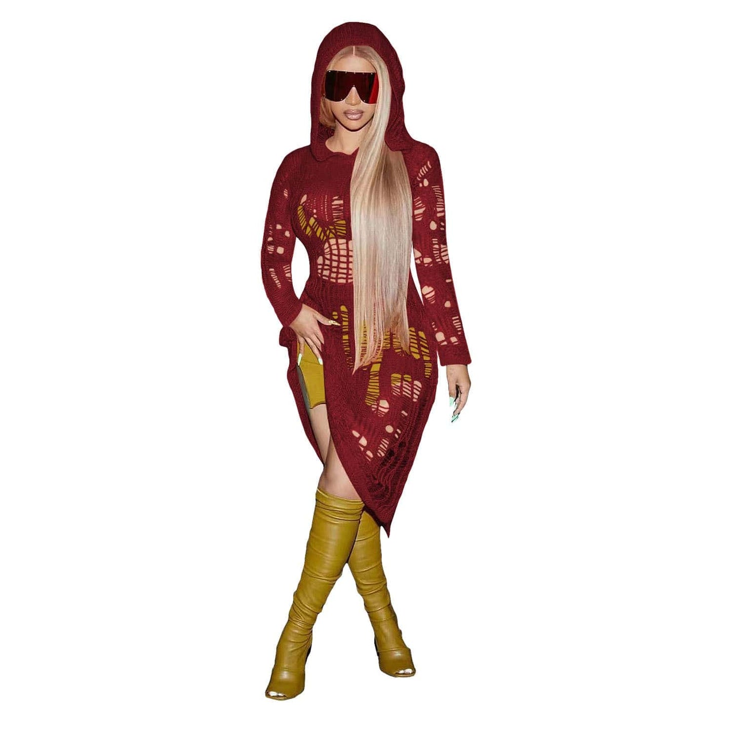 2 XL / Burgundy C1103TA95 Latest Sexy Hollow Out Hooded Solid Color Beach Dress Women Sehe Fashion