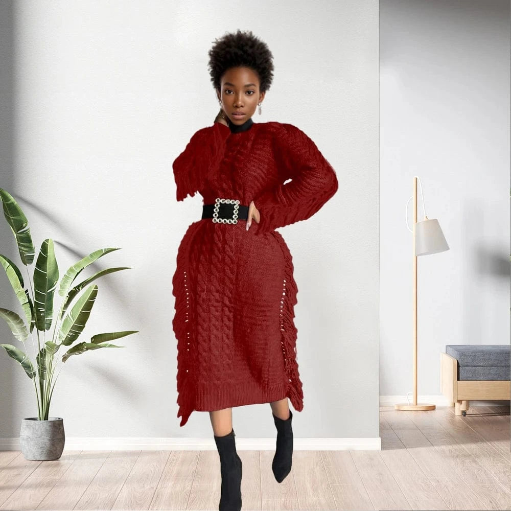 2 XL / Burgundy D1211TA04  New Trendy Solid Color Long Sleeve Hollow Out  Knitted Tassel Sweater Women Dress Sehe Fashion