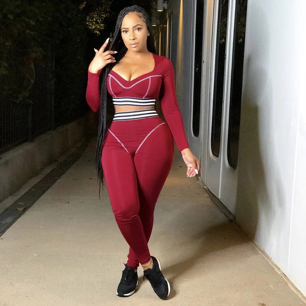 2 XL / Burgundy Fall Two Piece Pants Set Yoga Suits Fitness Women Exercise Workout 2 Pcs Long Sleeve Sexy Cropped Top Legging Outfit Sport Wear