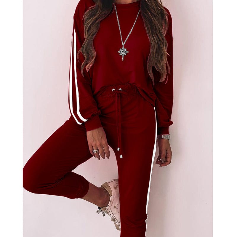 2 XL / Burgundy Fashionable Casual Patchwork Track Suit Uniform Fall Long Sleeve Outfit Button Closure Short Coat Pant Women 2 Piece Workout Set