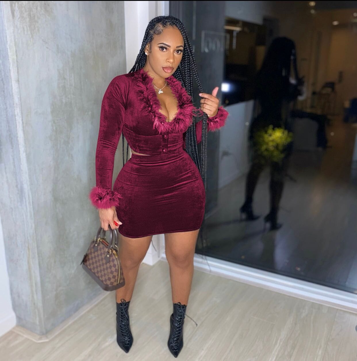 2 XL / Burgundy M8915 Winter Vintage Velvet Women Faux Collar Long Sleeve Tops And Bodycon Mini Skirt Suit Sexy Party Two 2 Piece Set