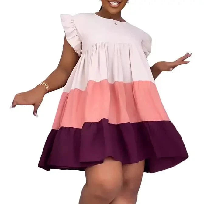 2 XL / Burgundy S-XXL Spring/Summer Round Neck Ruffle Edge Sleeves Contrast Panel Large hem Loose fitting Dress
