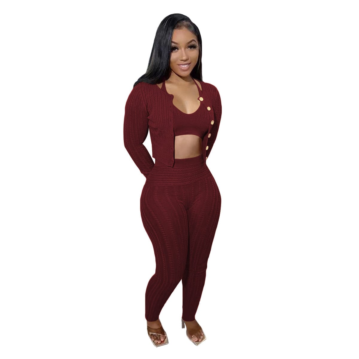 2 XL / Burgundy Trendy Women Clothes Halter Vest Long Pants Long Sleeve Cardigan Coat Casual Slim Fit 3 Pieces Sets Women Suits