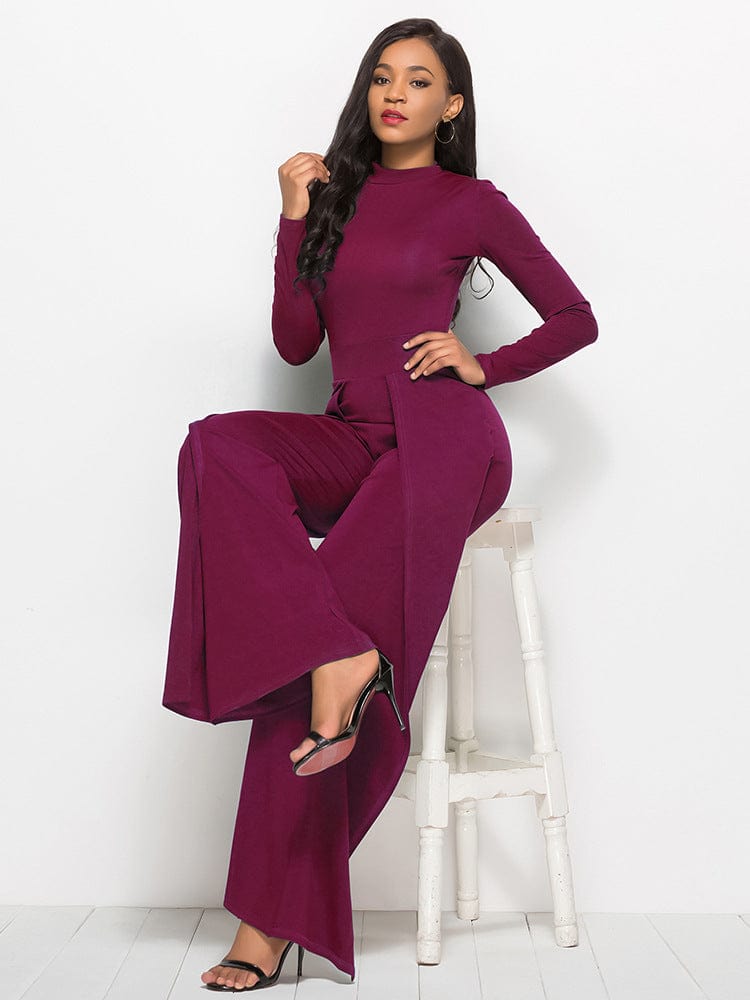 2 XL / Burgundy women's office clothes O neck long sleeve urban casual ladies romsuit wide leg pants are irregular one piece women jumpsuits
