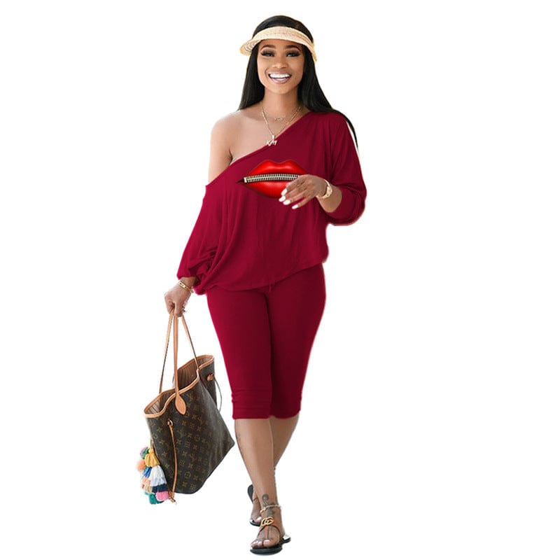 2 XL / Burgundy Z60033 Fall Casual Print Long sleeve two piece set Oblique Collar Plus size outfits for women sets two piece