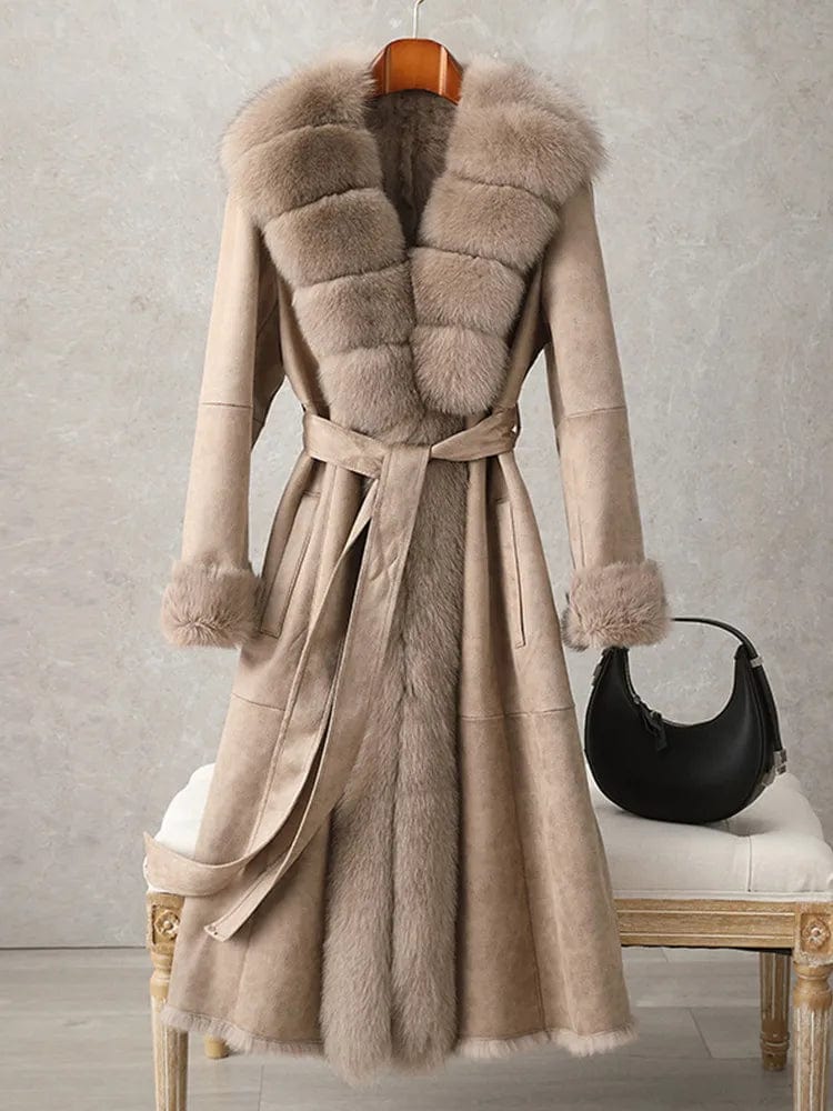 2 XL / camel PUDI Women Winter Fur Coat Lady Fox Collar Rabbit Lining Leisure Long Jacket Trench CT187