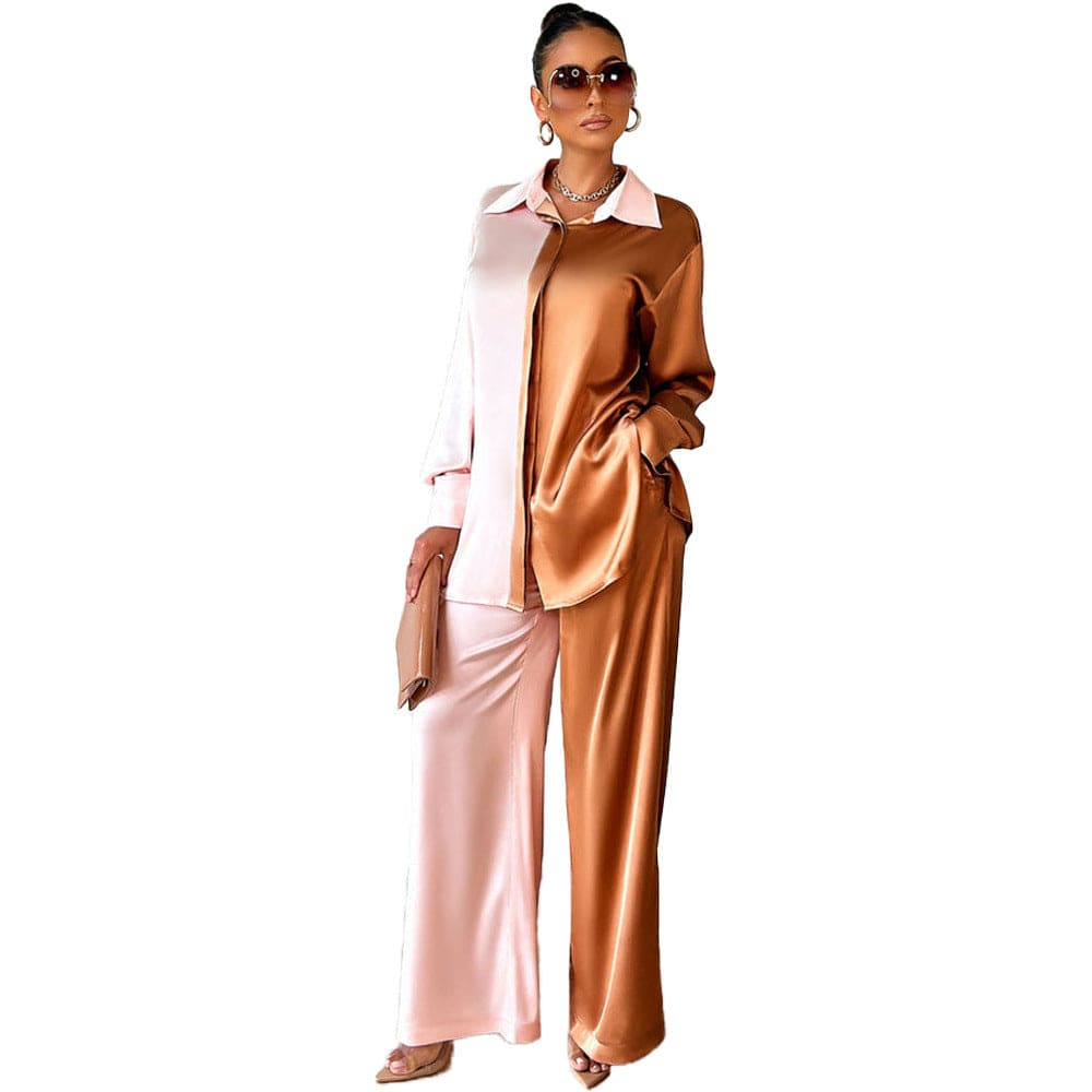 2 XL / Chestnut colour Liu Ming Fall Women Elegant 2023 New Product 2 Piece Outfits Long Sleeve Shirt Pants Suit