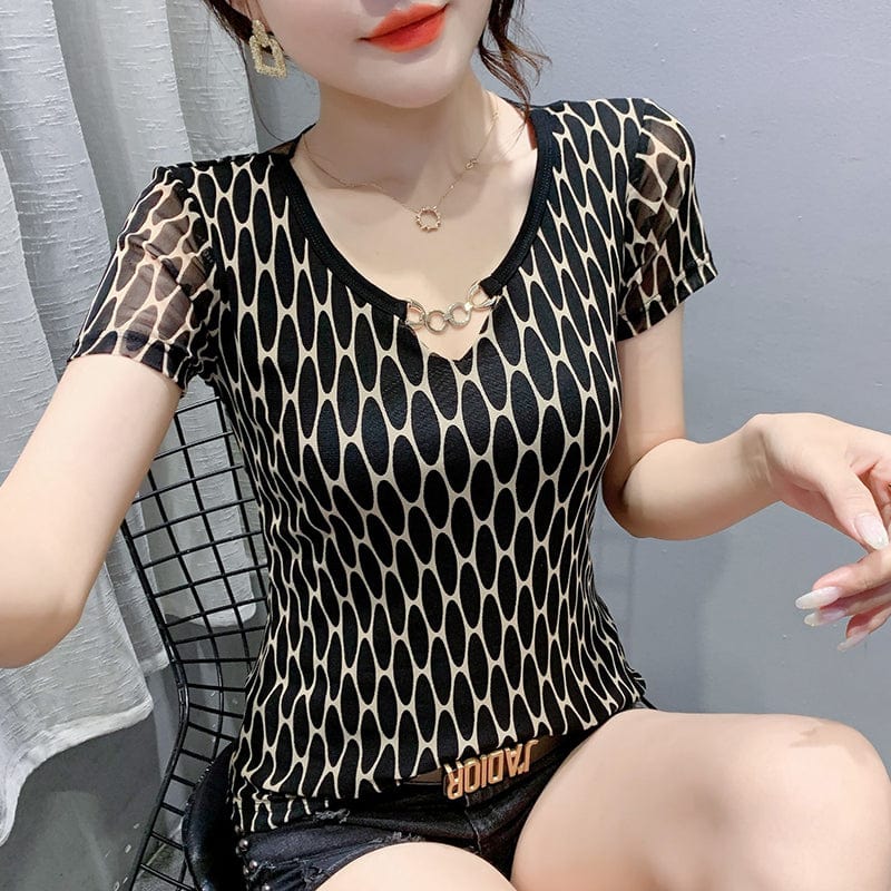 2 XL / Circle print Sexy Mesh T-shirt Women Summer Print Leopard O-neck Hollow Out Transparent Back Slim Stretchy Tops Tees Short Sleeve T25605