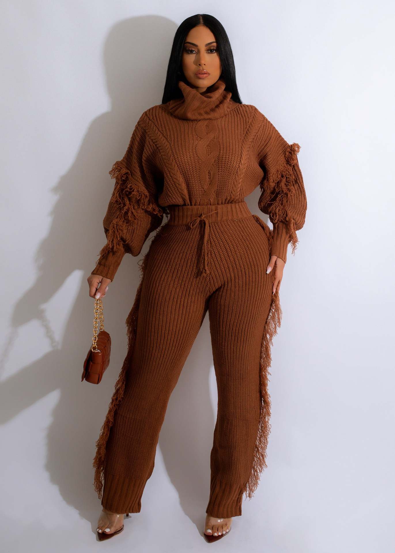 2 XL / Coffee C1103TA73 High Quality Casual Solid Color Turtleneck Knitted Tassel 2 Piece Pants Set Women Sehe Fashion