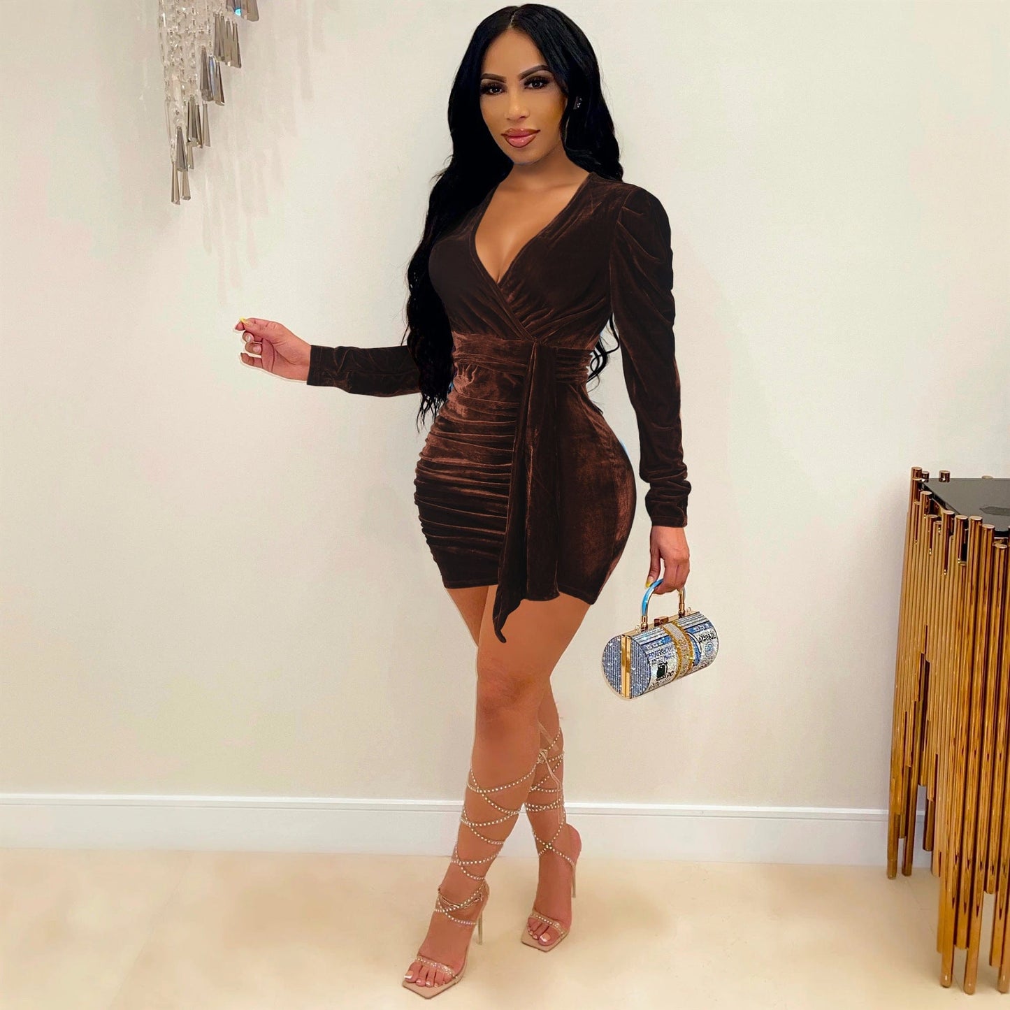 2 XL / Coffee Liu Ming Fashion Fall Winter Women Casual 2023 New Arrivals V Neck Velvet Evening Mini Bodycon Dress