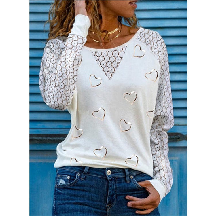 2 XL / color1 Heart Lace Splicing Raglan Sleeve O-Neck Blouse