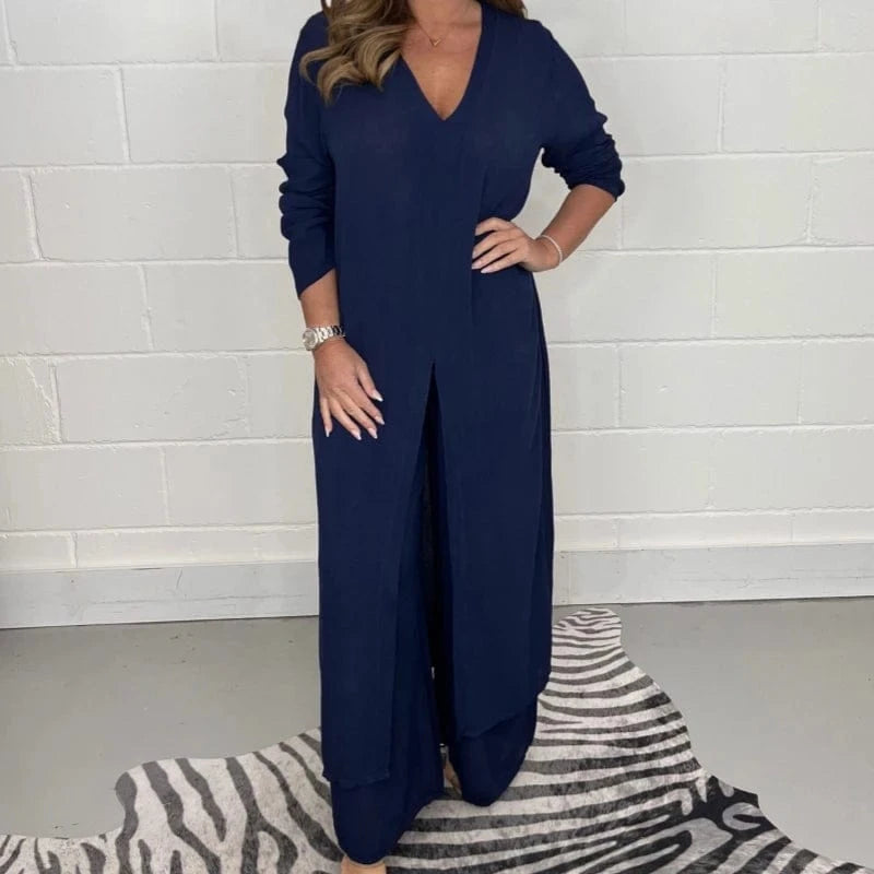 2 XL / Dark blue 2023 New Fashion Casual Comfortable Elegant Two Piece Split Long Shirt And Pants Sets Women
