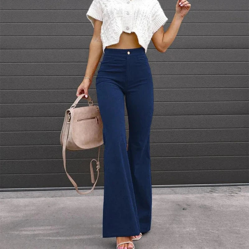 2 XL / Dark blue European and American women's 2023 Autumn and Winter pure color Mid-waist Slim-fit micro flared pants corduroy casual pants