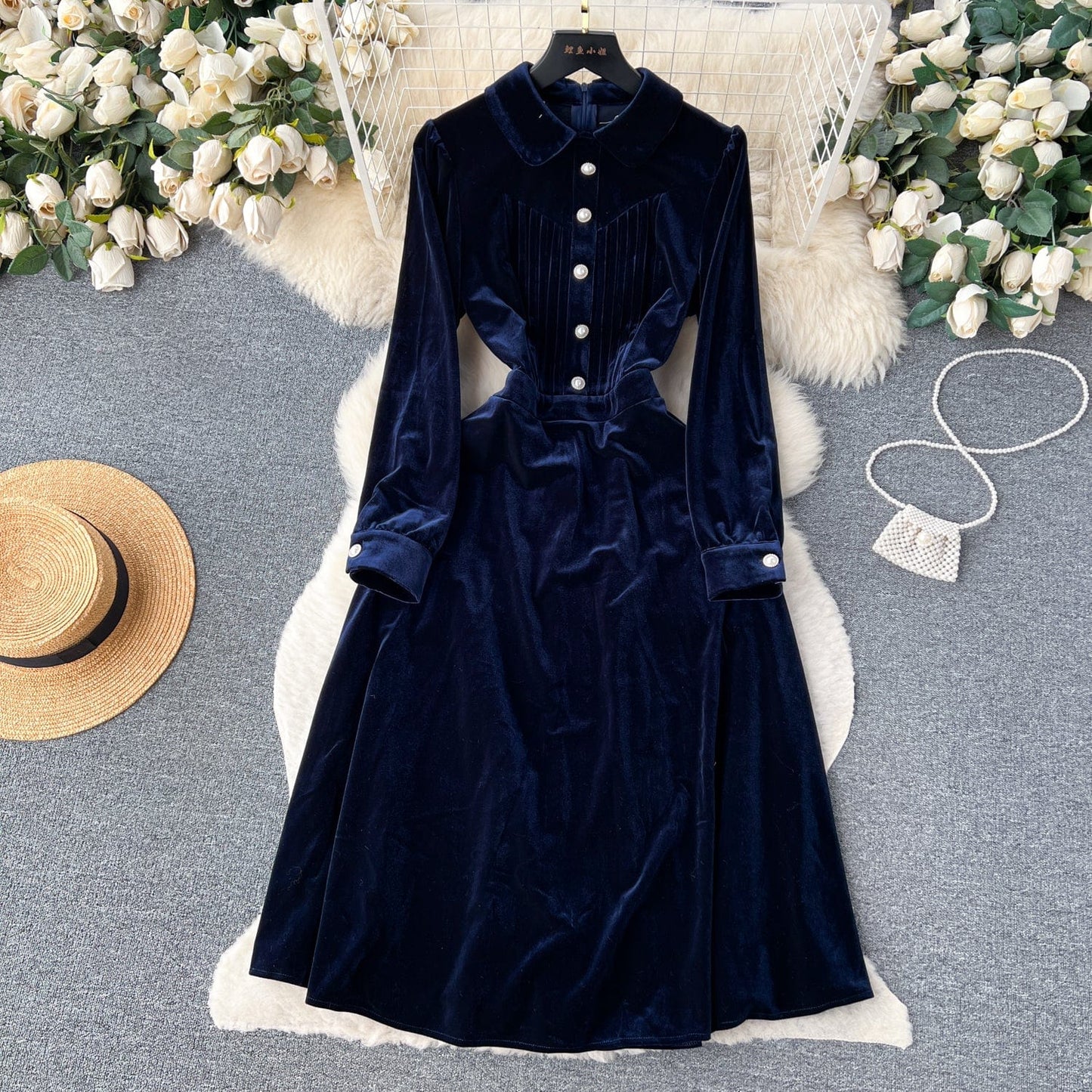 2 XL / Dark blue Fall New French Retro Hepburn Style Lapel Single Breasted Velvet Dress Woman