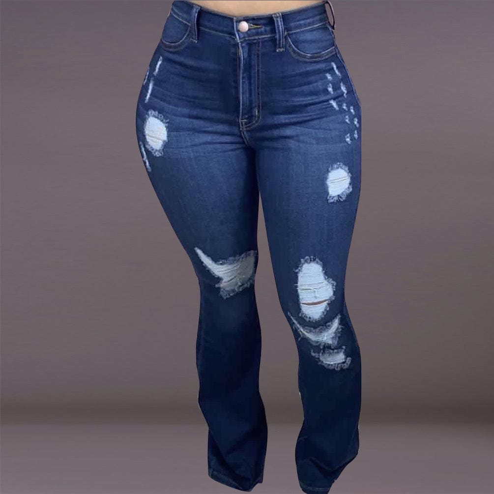 2 XL / Dark blue KX-D8386 Street fashion autumn dark blue mid waist flare trousers for ladies jeans washed zipper fly ripped jeans women