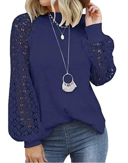 2 XL / Dark blue / Polyester / Cotton YP 2024 New Autumn lantern sleeve pullover for ladies white Hollow out Long sleeve t-shirt women