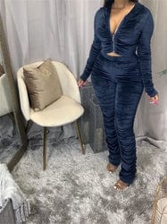 2 XL / Dark blue XS-3XL Solid Color Pleated Long Sleeve Velvet 2 Piece Sets Casual Zipper Hoodies With Jogers Set Fashion Stacked Leggins Set