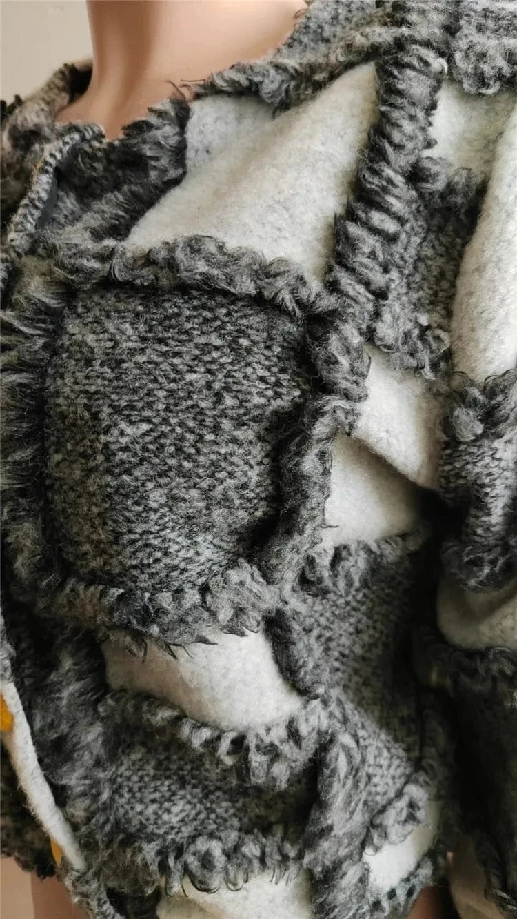 2 XL / Dark Gray Casual Winter Long Sleeve Jacquard Lamb Wool Coat Women Thick Warm Jacket