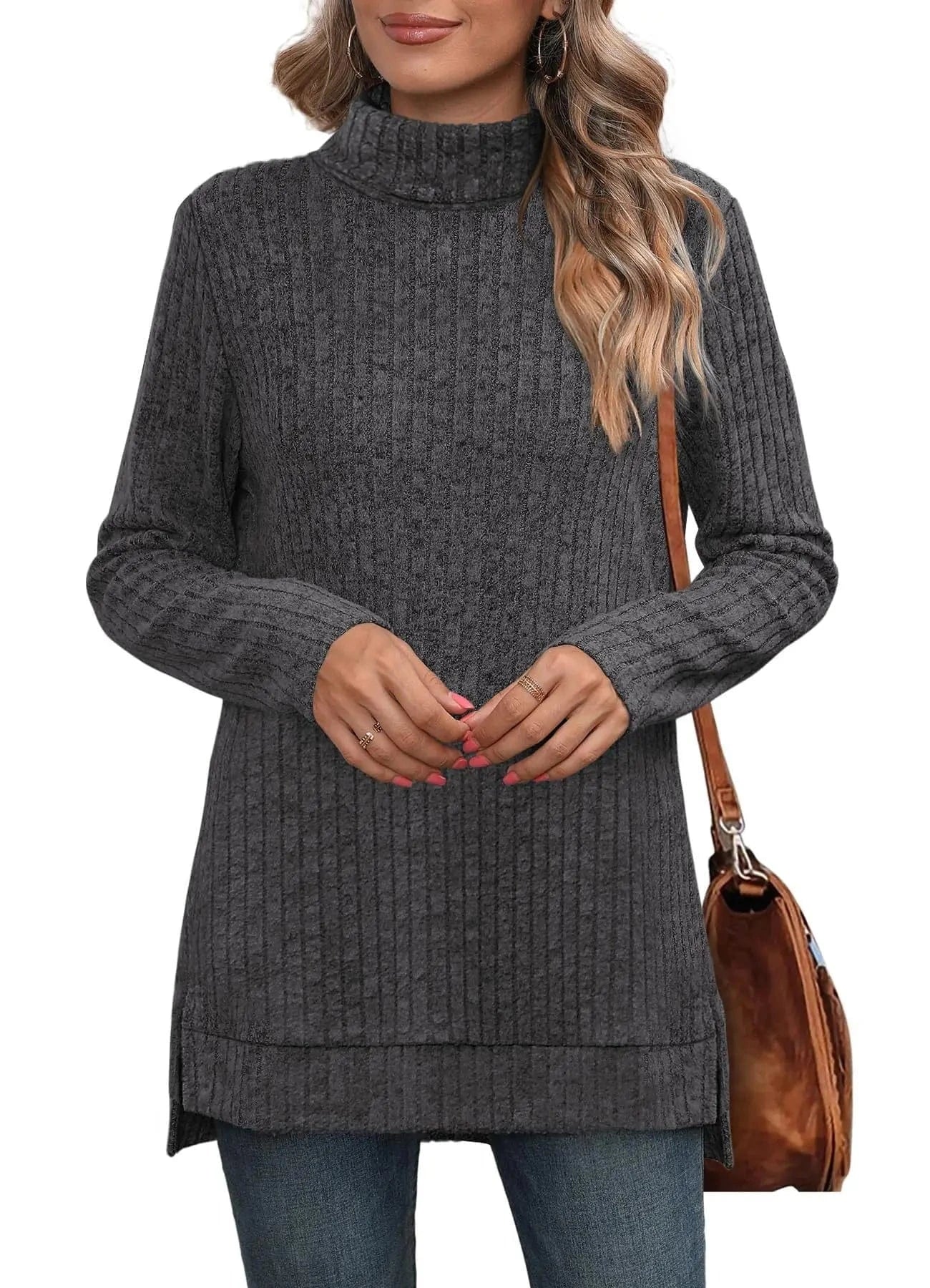 2 XL / Dark Gray New European and American Autumn and Winter High collar neck side split Solid color Long sleeve T-shirt  women's clothing