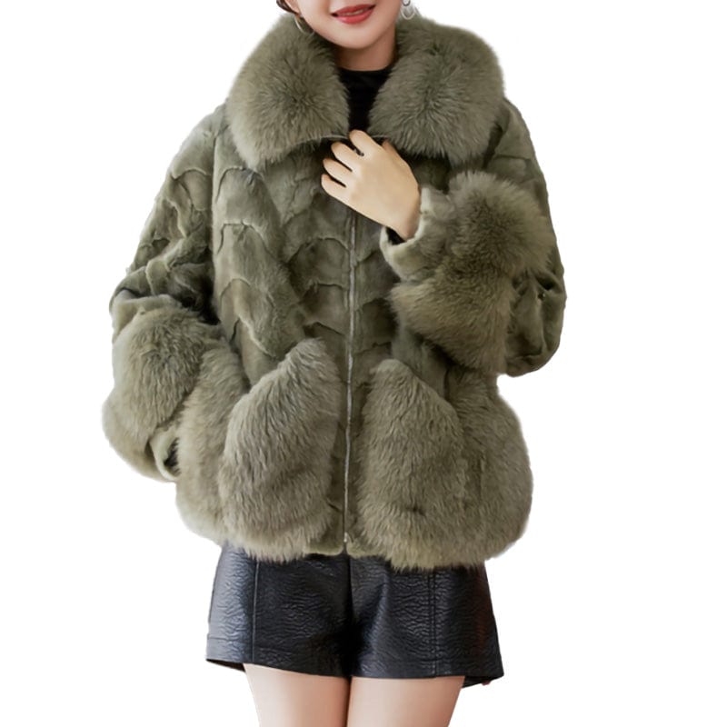 2 XL / Dark green High Quality Thick Fox Fur Collar Luxury Winter Fur Coat Genuine Mink Fur Coat for Women