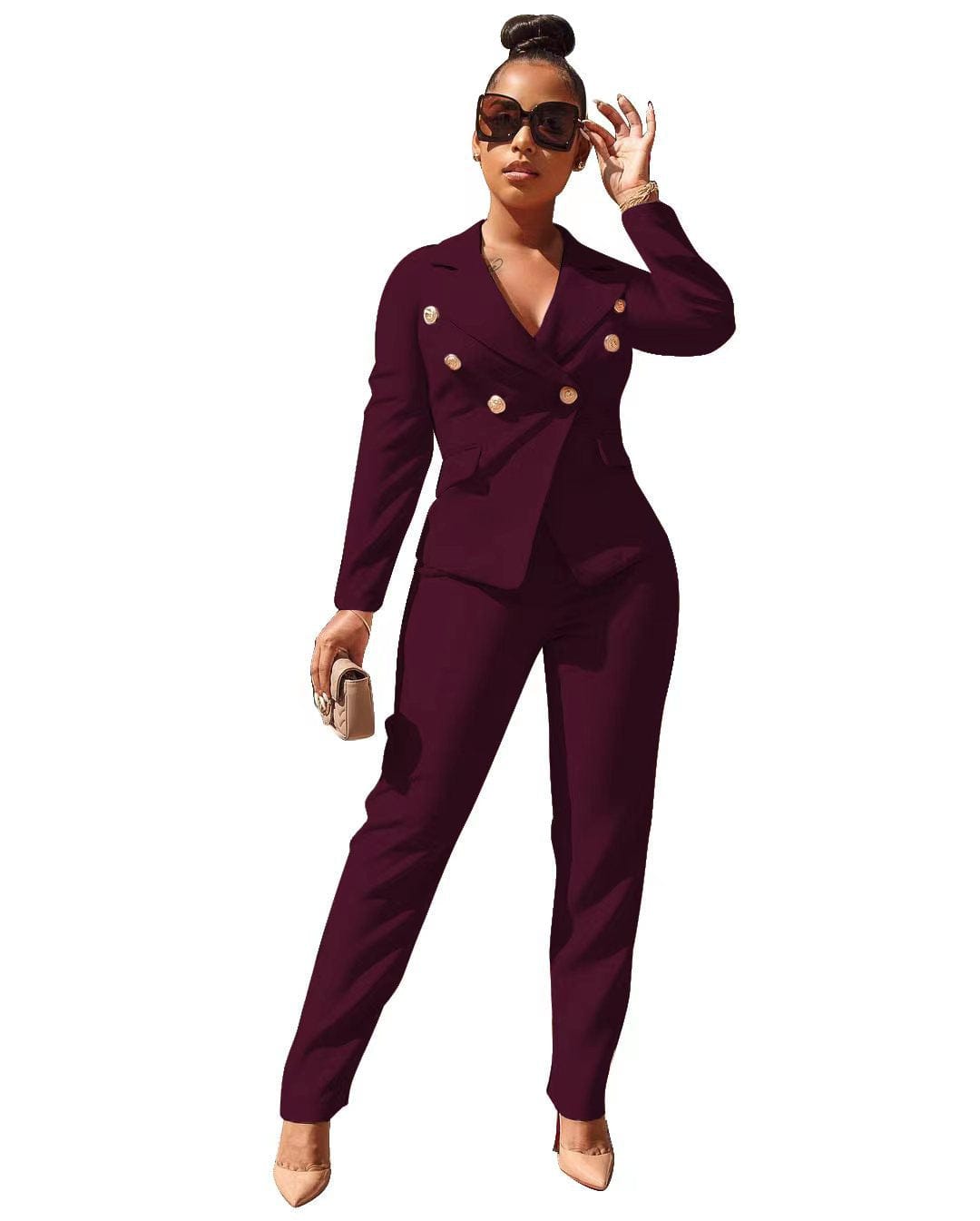 2 XL / Dark red ladies sets new suit for the office lapel double breasted women jacket straight leg trouser set two piece women's clothing