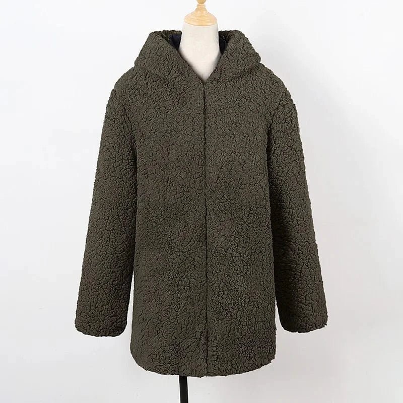 2 XL / Deep Green New Fashion Fleece Fuzzy Short Wool Coat Women Faux Fur Jacket Teddy Coat with Hooded
